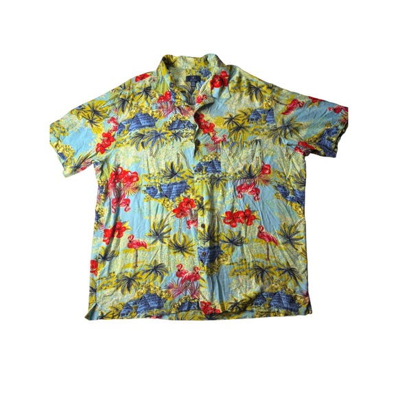 George Other - George Mens XL Tropical Flamingo Hibiscus Print Button Up Hawaiian Shirt